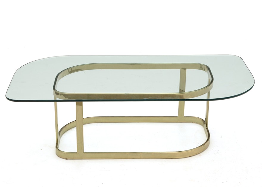 Contemporary Brass-Tone and Glass Coffee Table