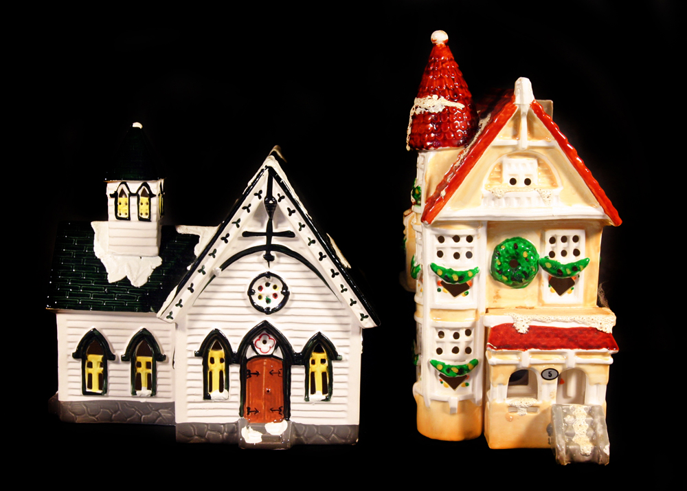 Hand Painted Porcelain Dept 56 "Original Snowhouse" Series Church and Victorian Home
