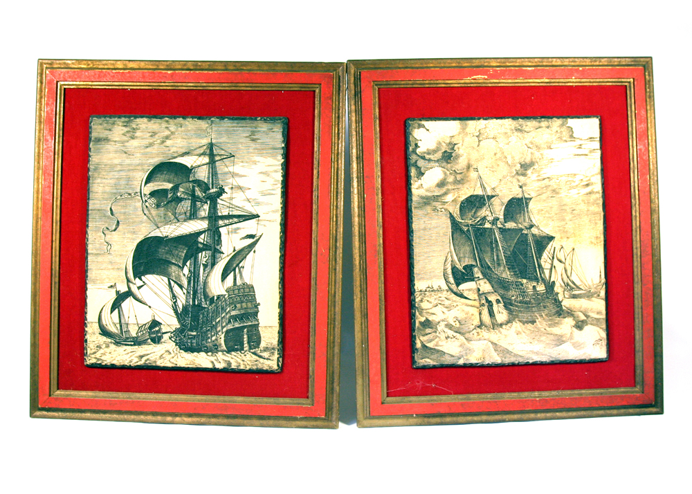 Pair of Vintage Artini Engravings Mounted on Red Velvet