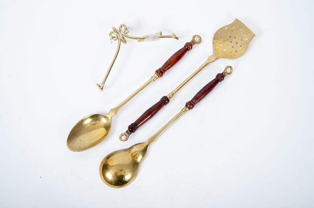 Brass Finished Serving Decor with Wood Handles