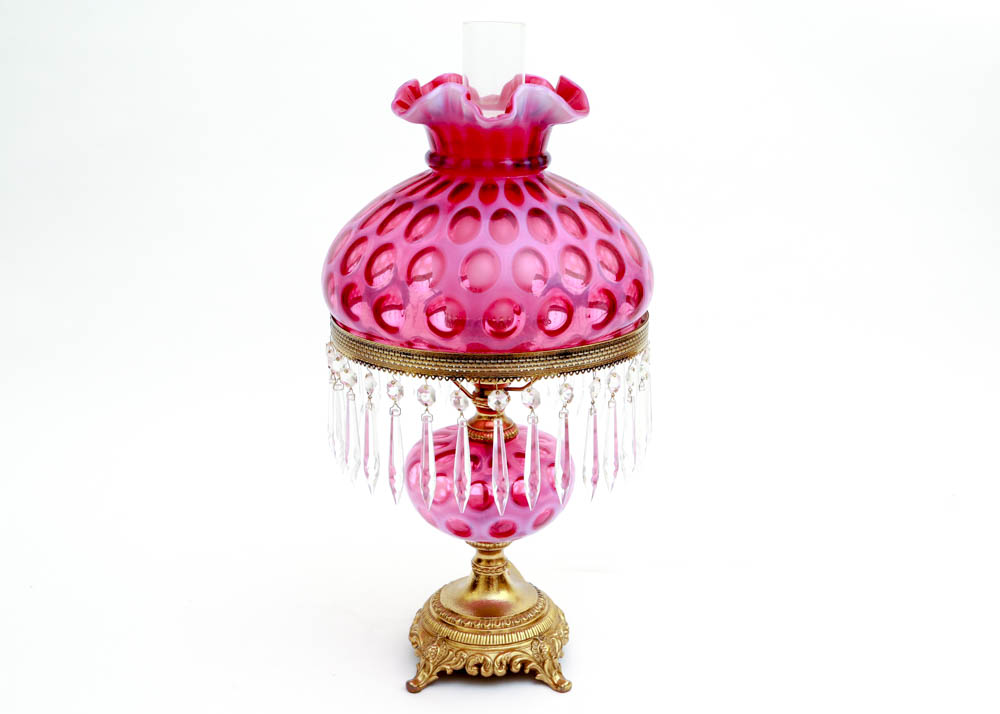 Fenton Cranberry Opalescent Coin Dot Parlor Lamp