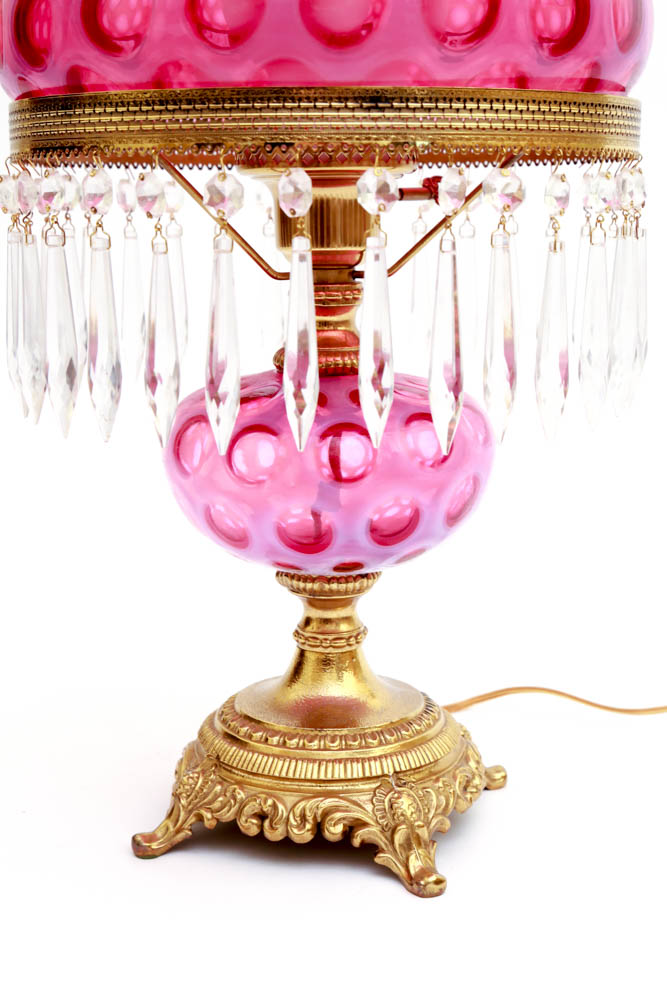 Fenton Cranberry Opalescent Coin Dot Parlor Lamp