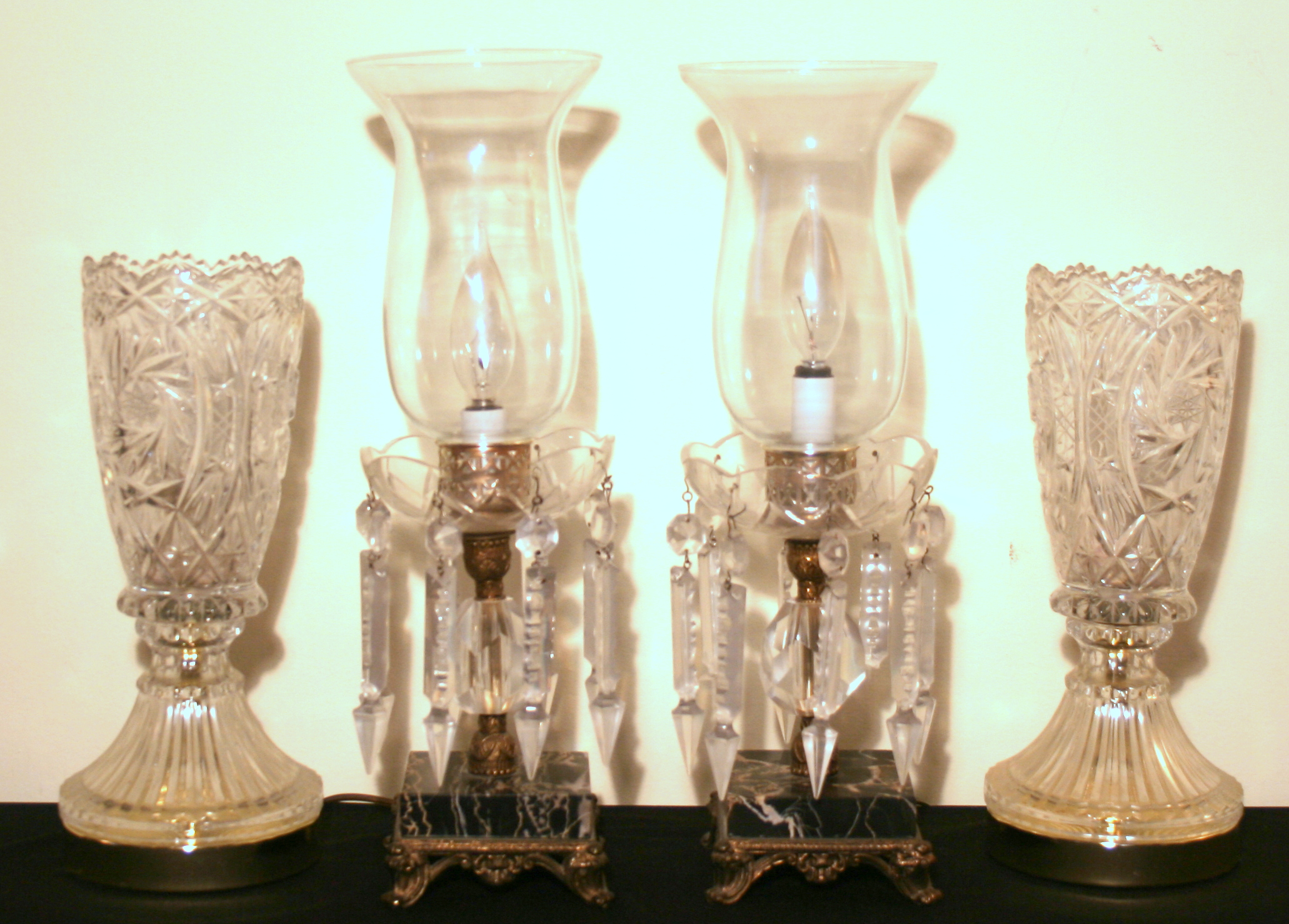 Two Pairs of Antique Crystal and Marble Lamps