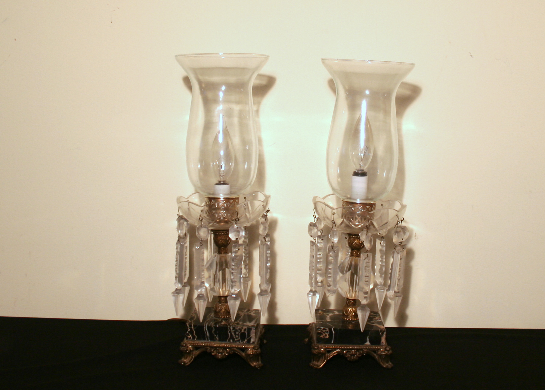 Two Pairs of Antique Crystal and Marble Lamps
