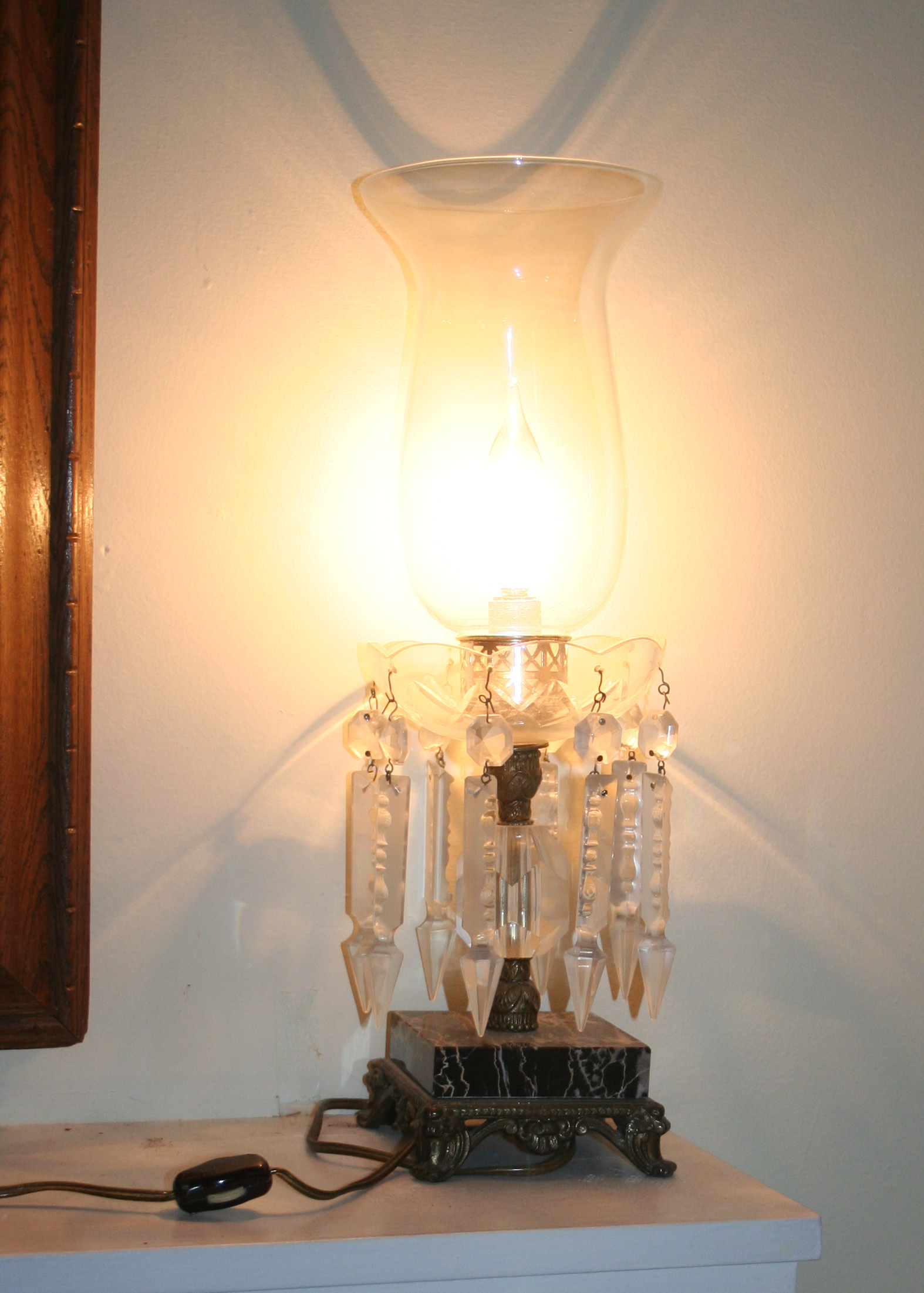 Two Pairs of Antique Crystal and Marble Lamps