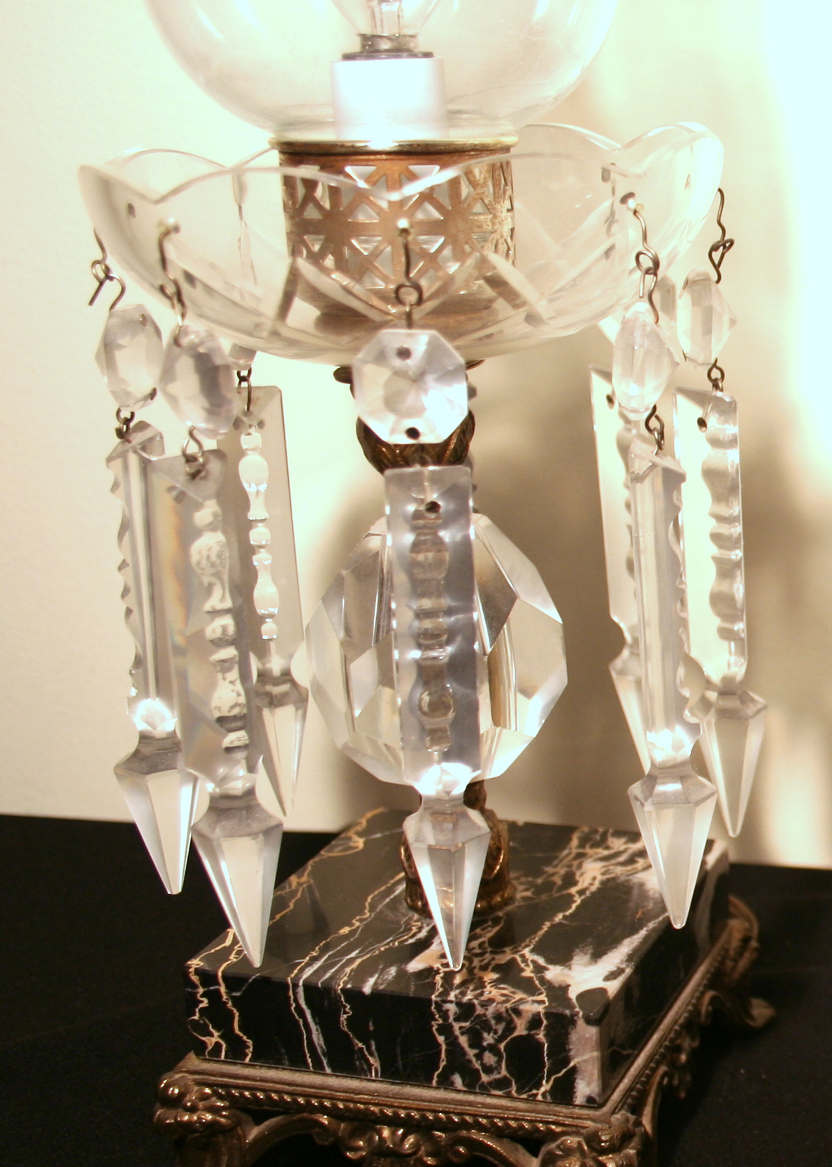 Two Pairs of Antique Crystal and Marble Lamps