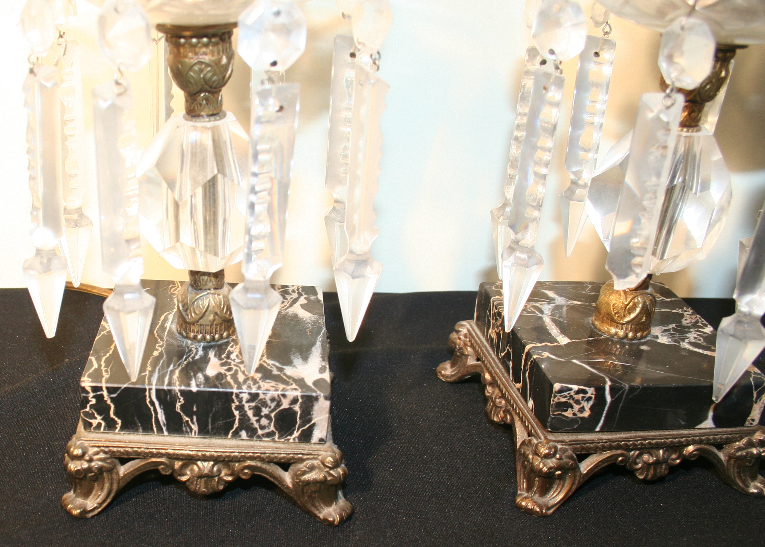 Two Pairs of Antique Crystal and Marble Lamps