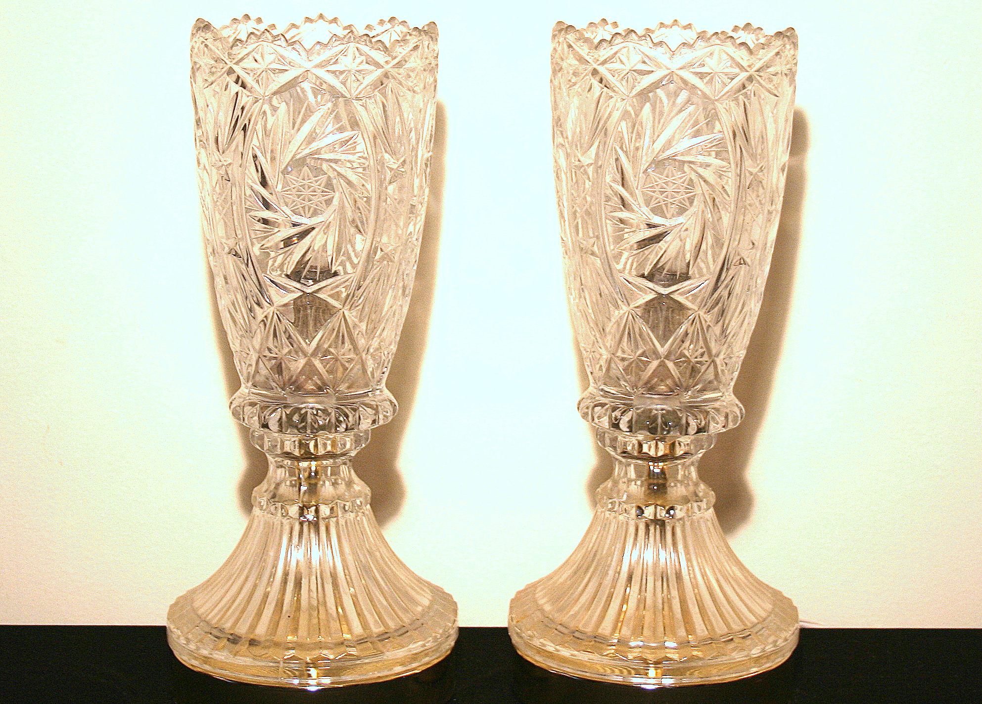 Two Pairs of Antique Crystal and Marble Lamps