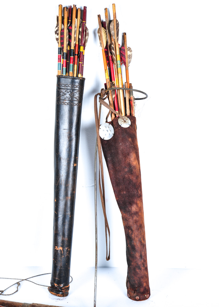 Vintage Pair of Bow and Arrows With Leather Archery Quiver