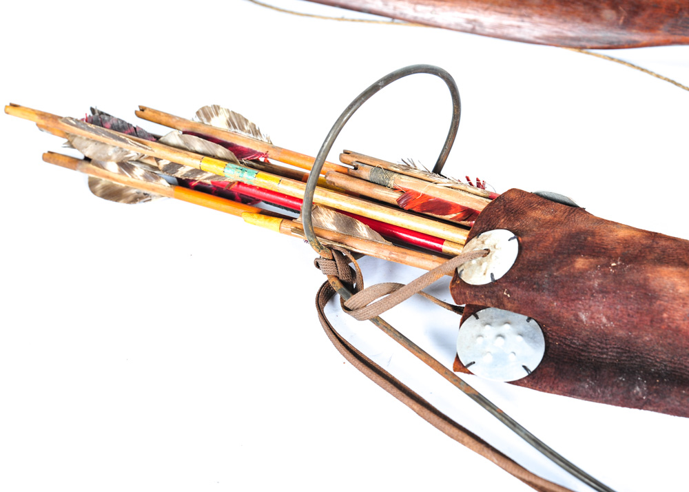 Vintage Pair of Bow and Arrows With Leather Archery Quiver