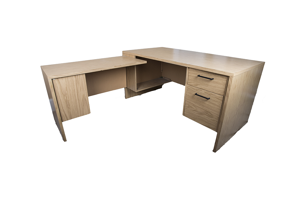 Oak Laminate Desk with Return and Armchair