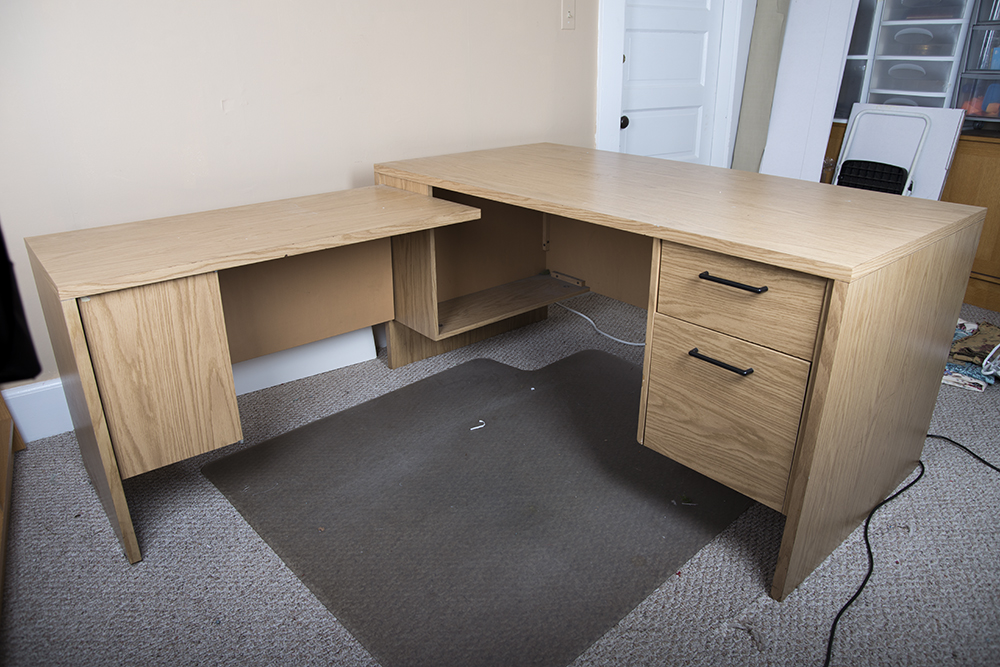 Oak Laminate Desk with Return and Armchair