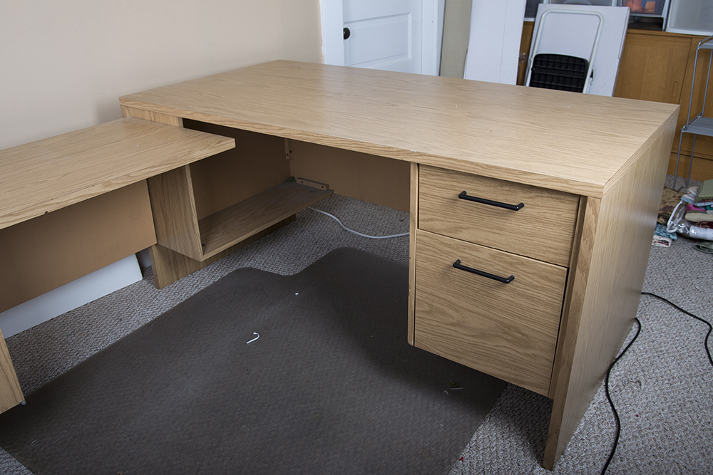 Oak Laminate Desk with Return and Armchair