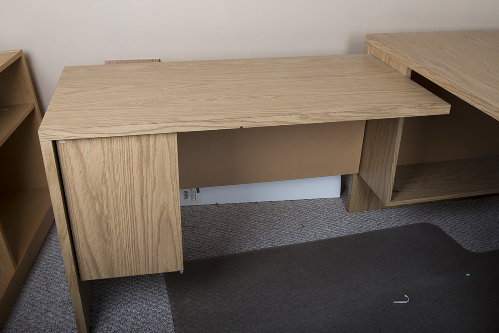 Oak Laminate Desk with Return and Armchair