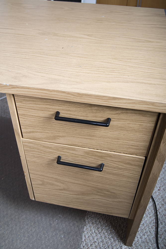 Oak Laminate Desk with Return and Armchair