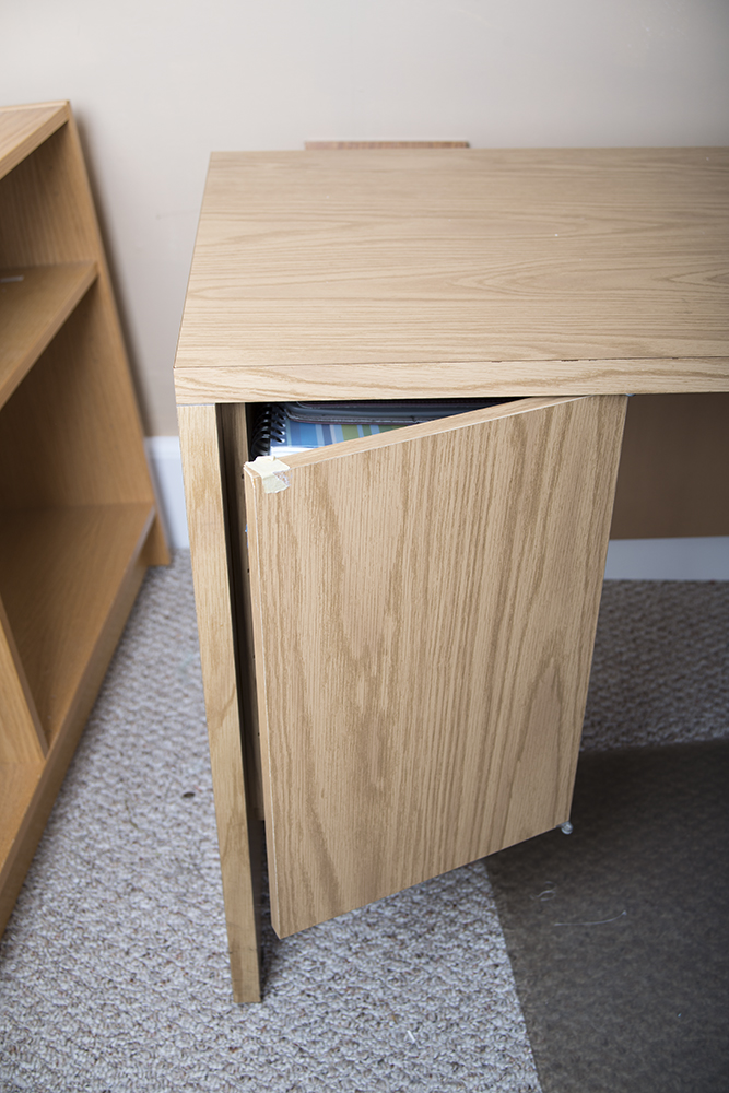 Oak Laminate Desk with Return and Armchair