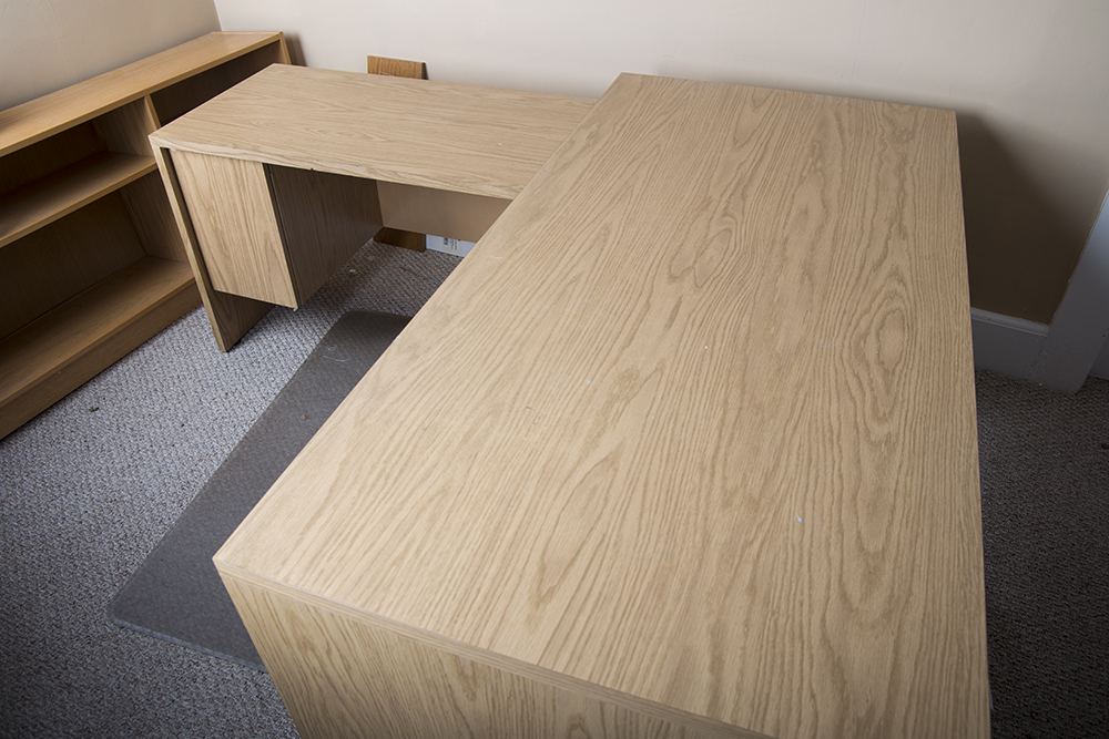 Oak Laminate Desk with Return and Armchair