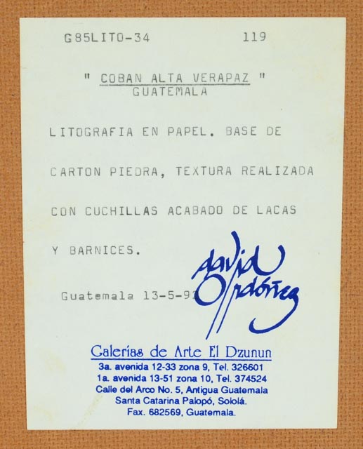 David Ordonez Cut Offset Lithograph "Coban alta Verapaz"