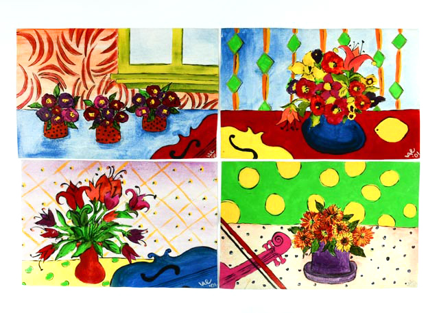 Series of Four Unframed Acrylic Paintings of Violins and Flowers