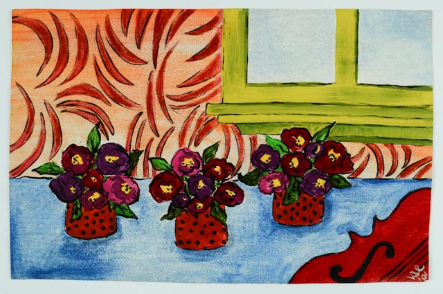 Series of Four Unframed Acrylic Paintings of Violins and Flowers