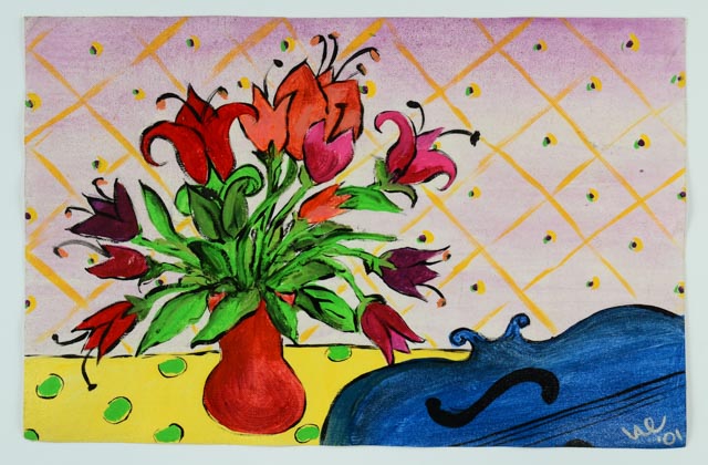 Series of Four Unframed Acrylic Paintings of Violins and Flowers