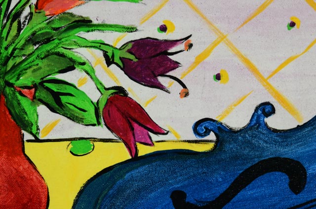 Series of Four Unframed Acrylic Paintings of Violins and Flowers