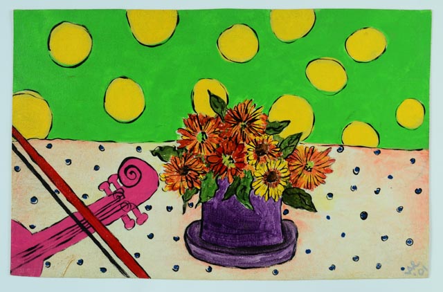 Series of Four Unframed Acrylic Paintings of Violins and Flowers