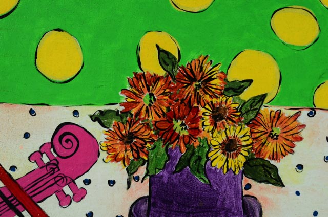 Series of Four Unframed Acrylic Paintings of Violins and Flowers