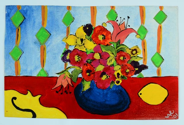 Series of Four Unframed Acrylic Paintings of Violins and Flowers