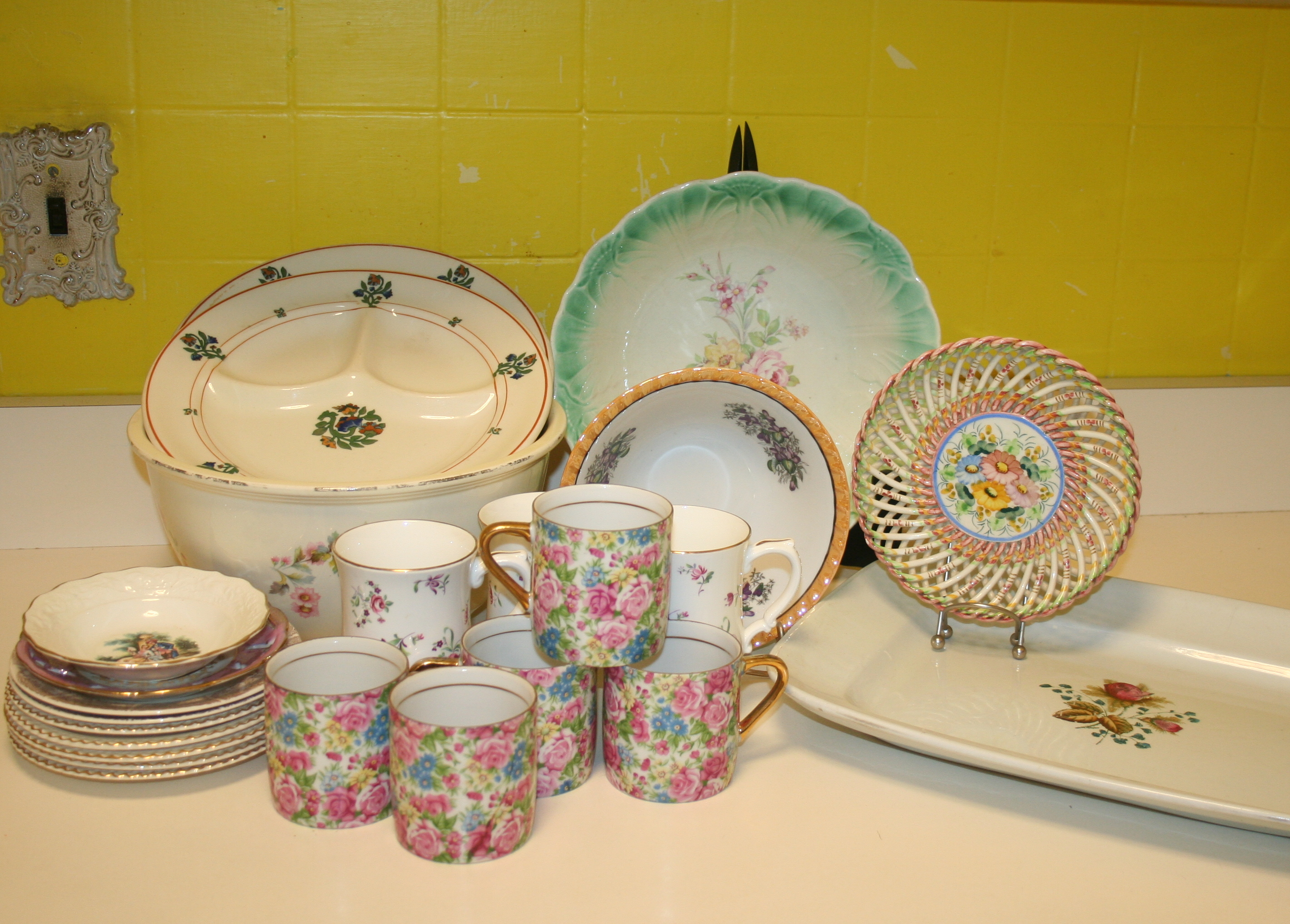 Floral Bowls, Mugs and Assortment of China Plates
