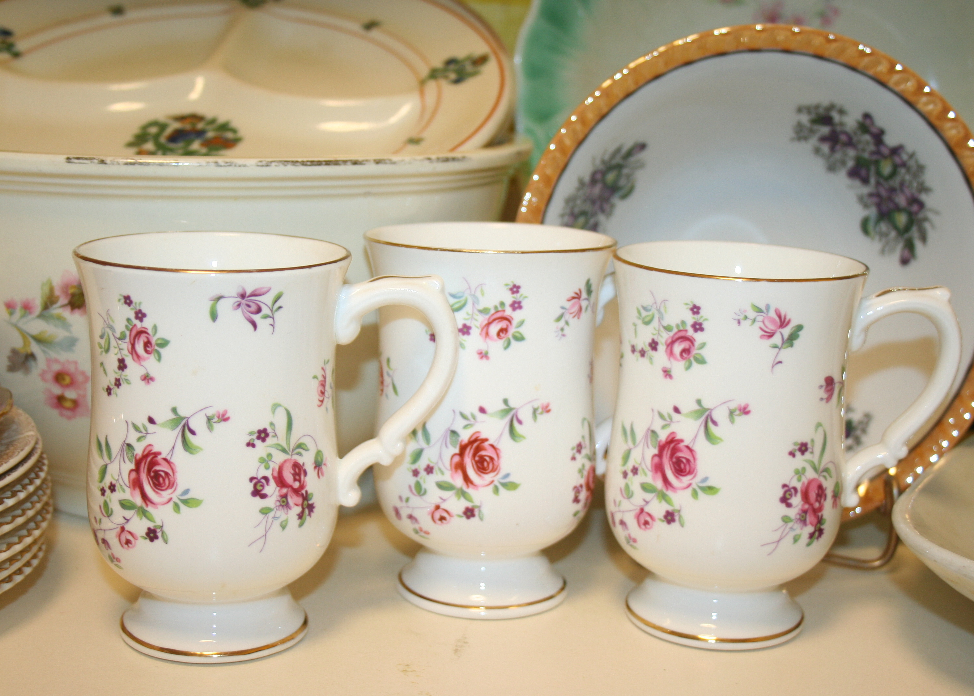 Floral Bowls, Mugs and Assortment of China Plates