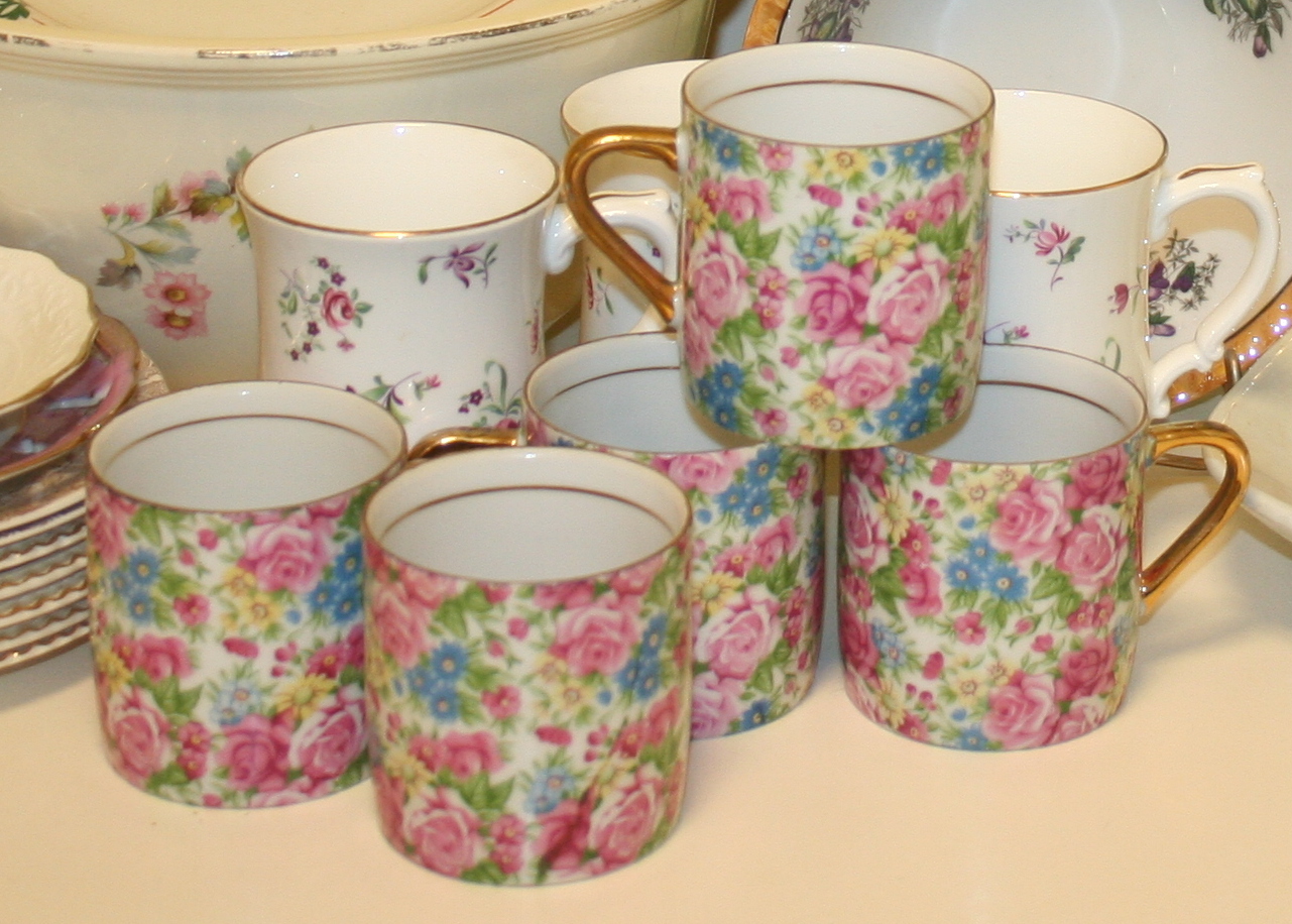 Floral Bowls, Mugs and Assortment of China Plates