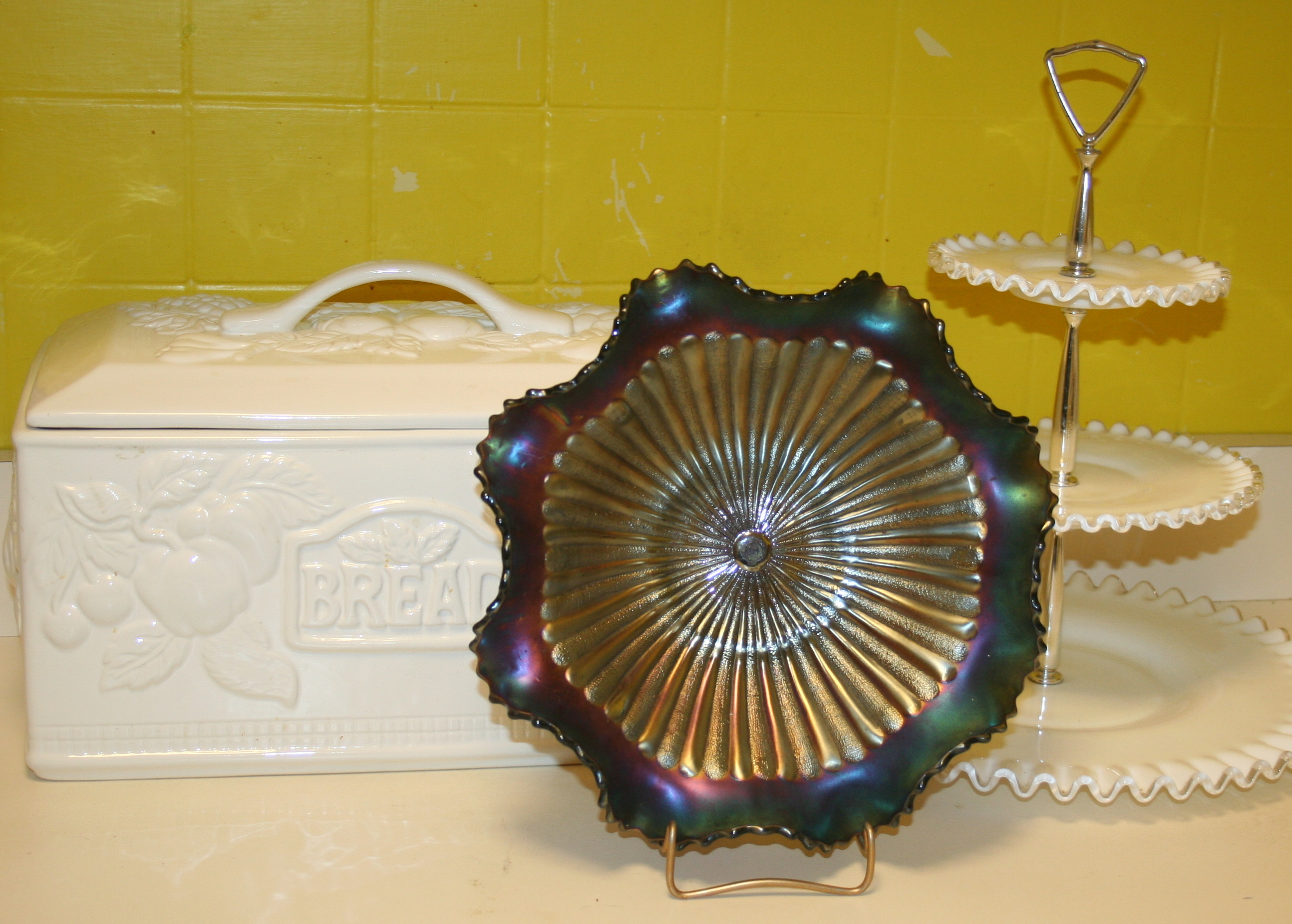Carnival Glass Bowl, Tiered Plate and Ceramic Breadbox