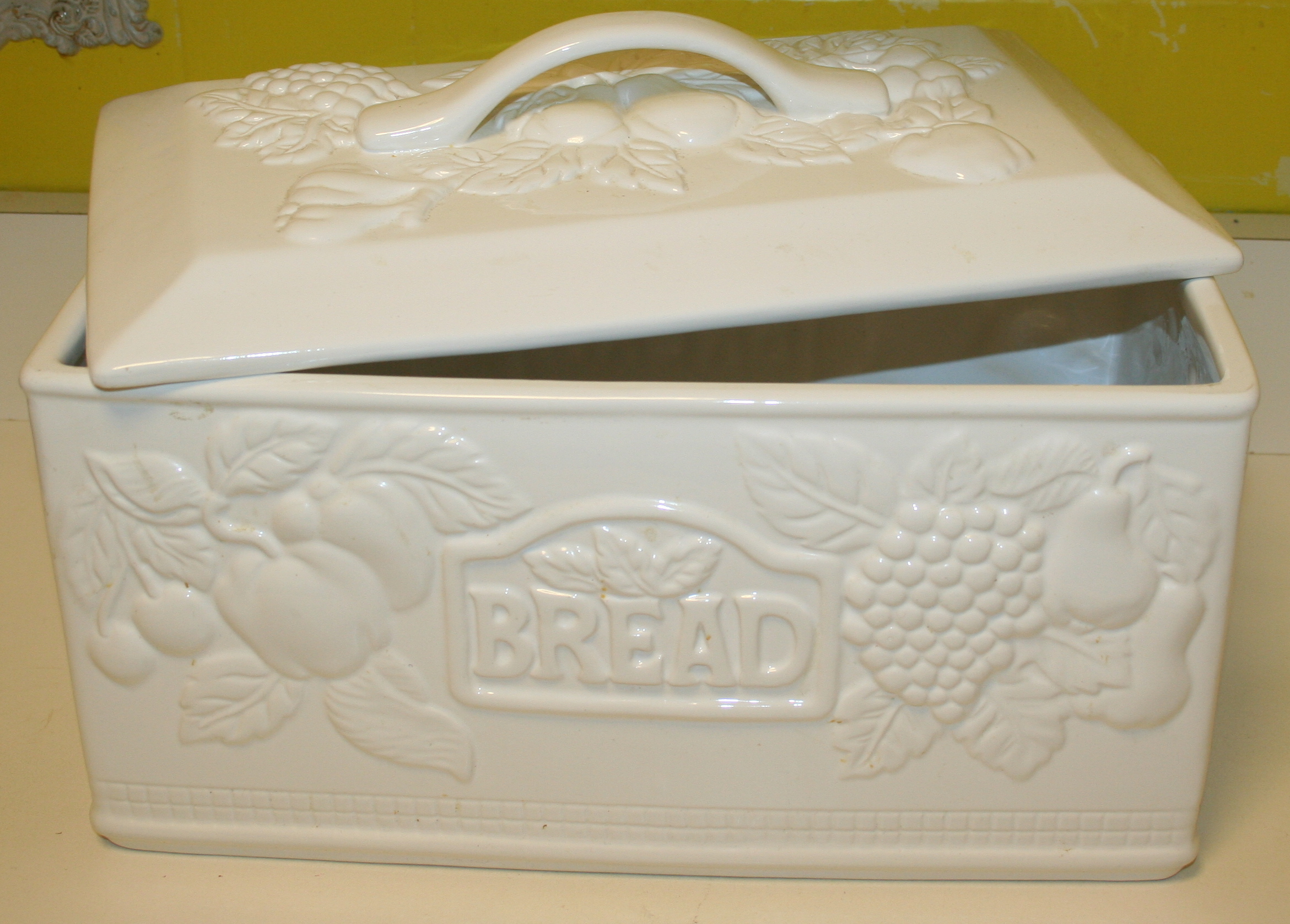 Carnival Glass Bowl, Tiered Plate and Ceramic Breadbox