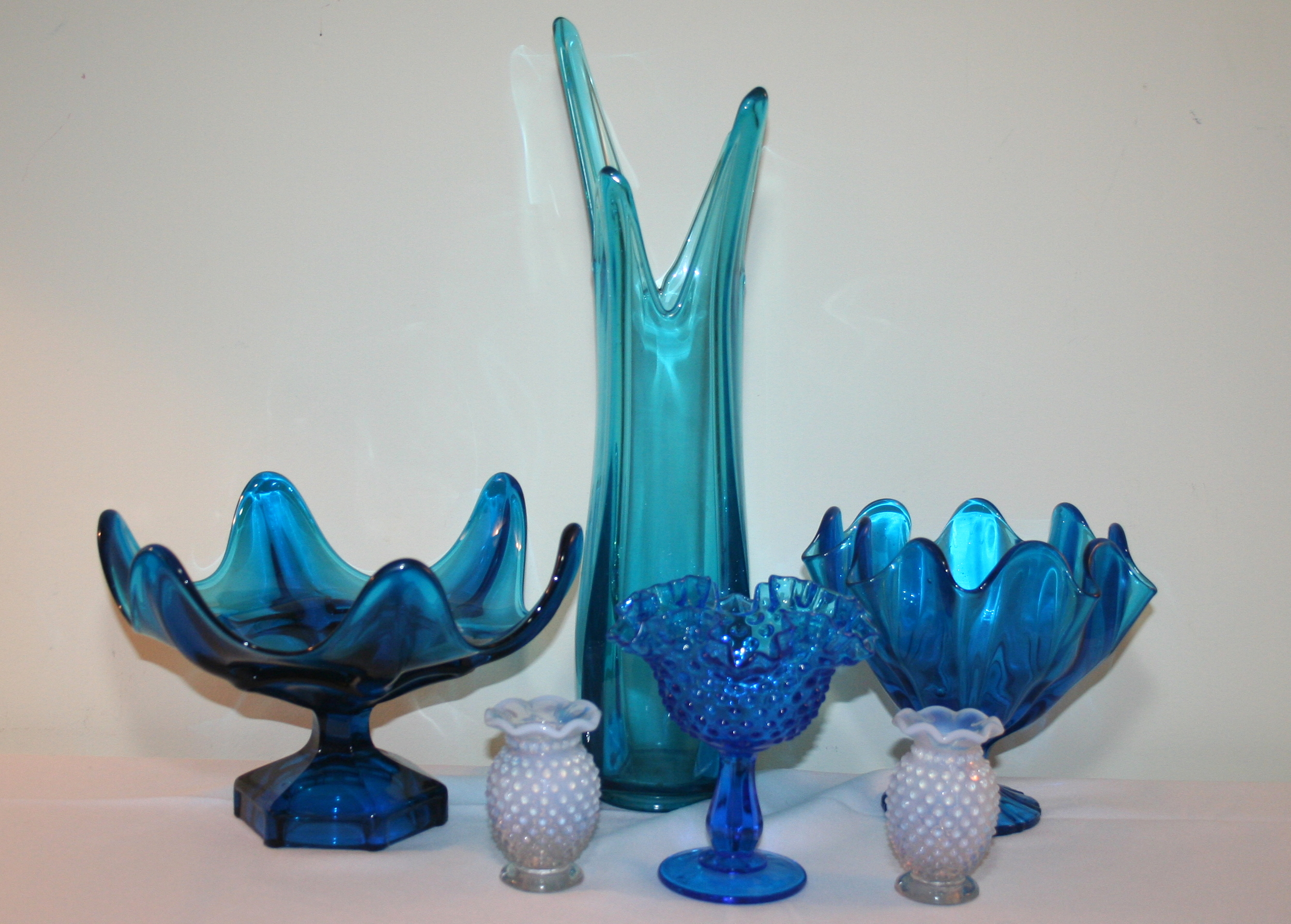 Fenton Blue Hobnail Glass Compote and Bud Vases & Other Blue EAPG