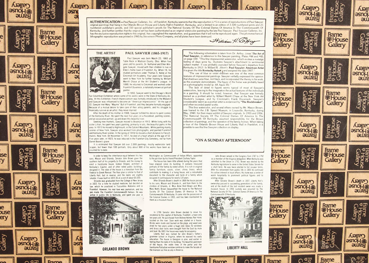 Paul Sawyier Framed  Offset Lithograph "On a Sunday Afternoon"