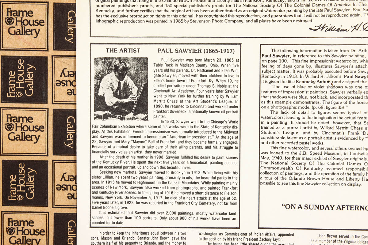 Paul Sawyier Framed  Offset Lithograph "On a Sunday Afternoon"