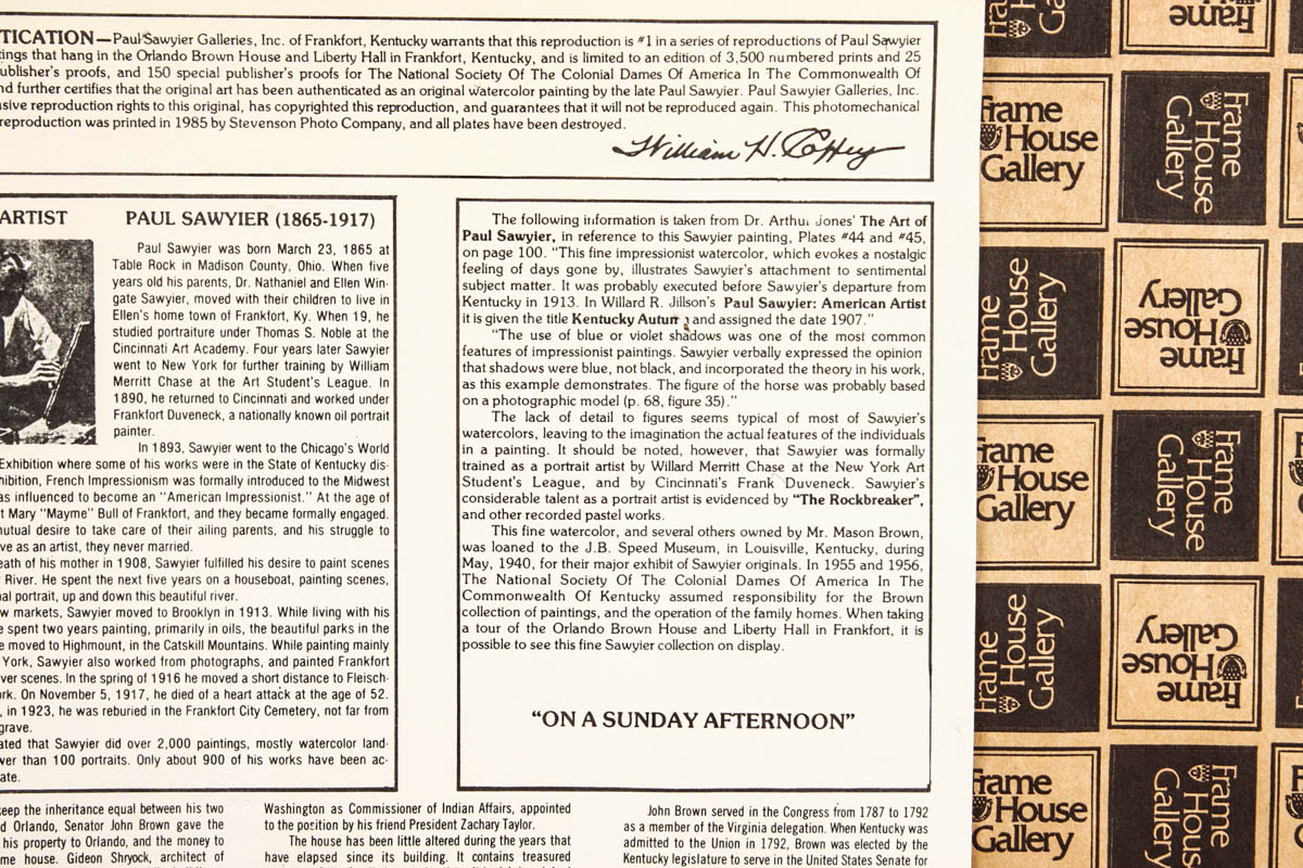 Paul Sawyier Framed  Offset Lithograph "On a Sunday Afternoon"