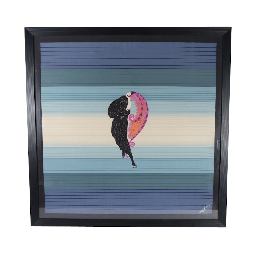 Framed 1970s Silk Erte "Beauty and the Beast" Scarf