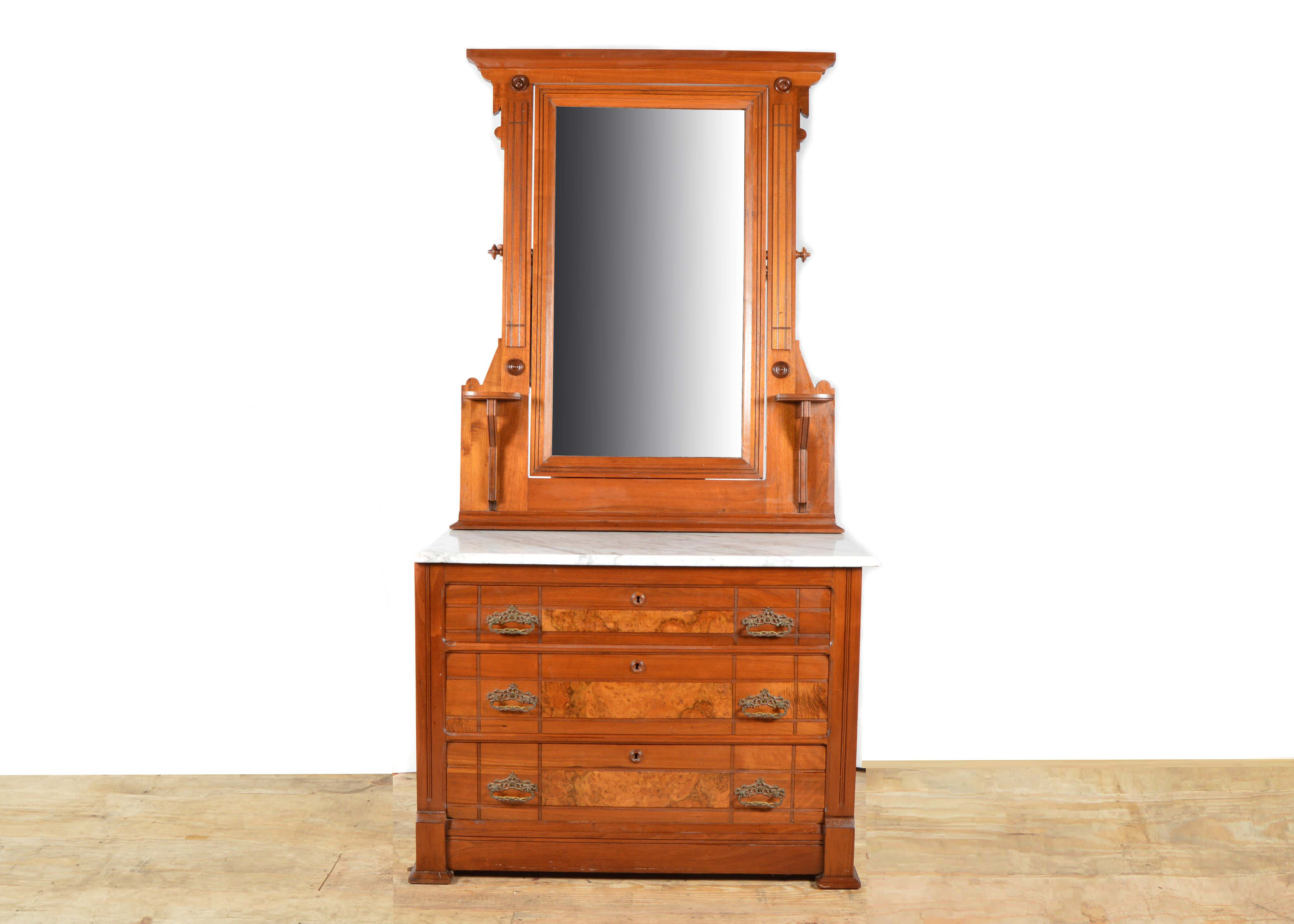 Antique Burled Walnut Dresser with White Marble Top