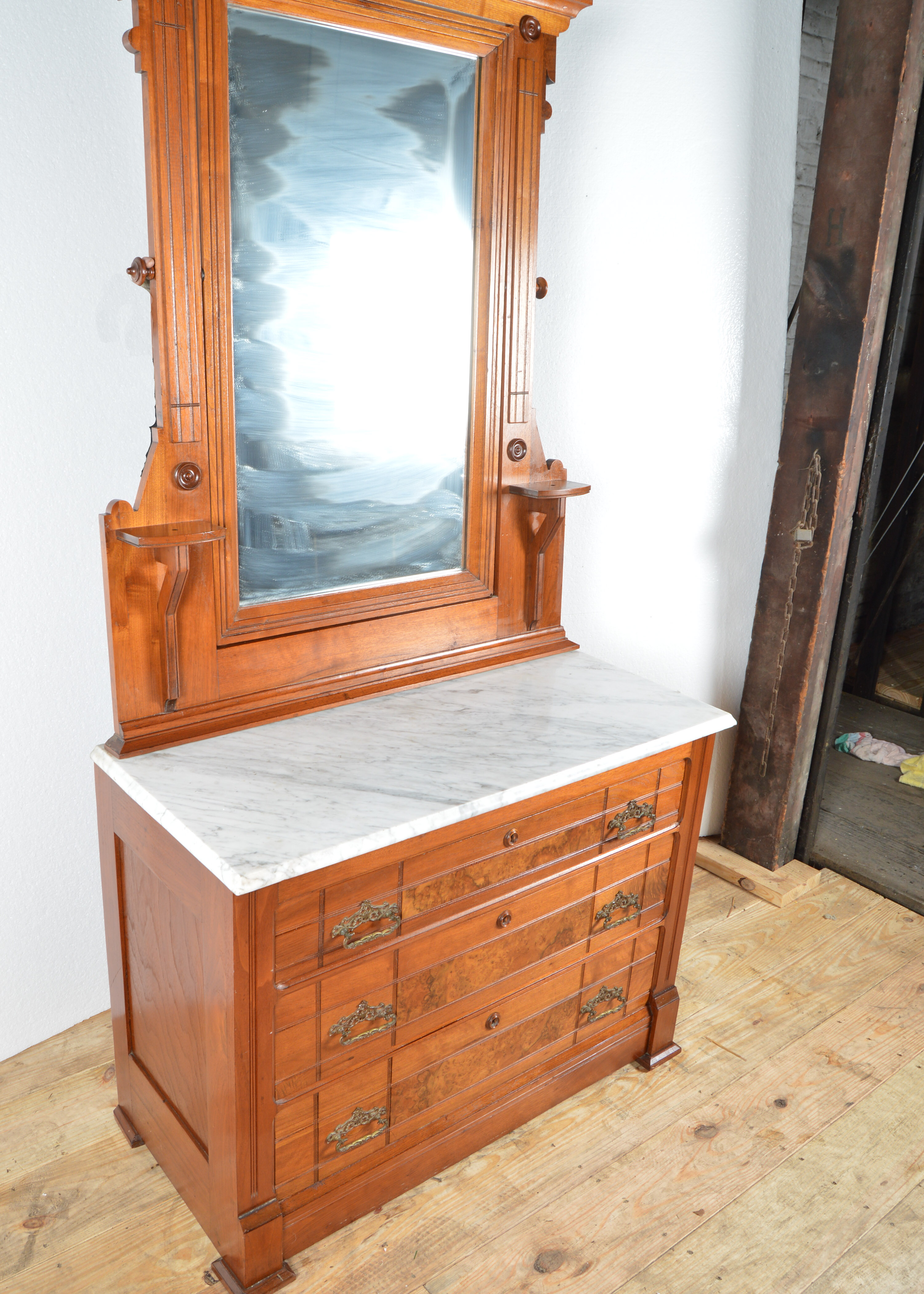 Antique Burled Walnut Dresser with White Marble Top