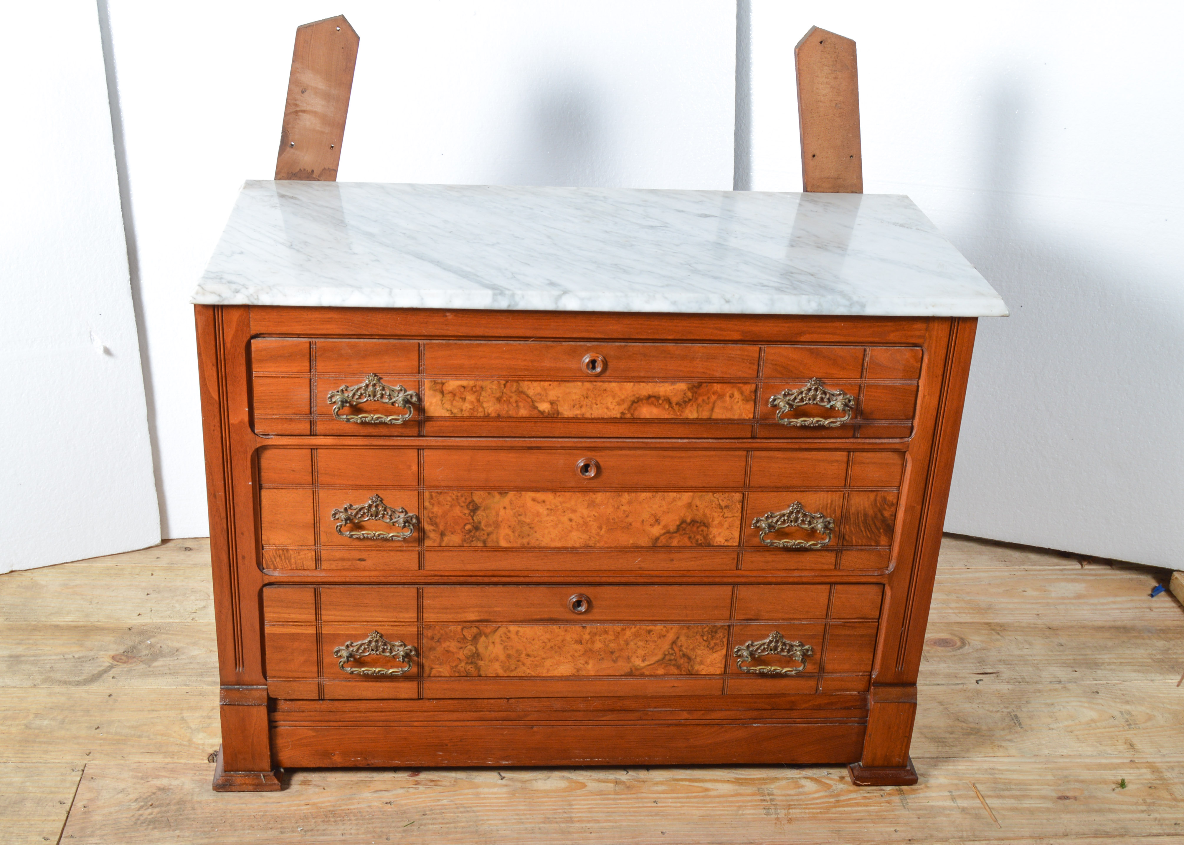 Antique Burled Walnut Dresser with White Marble Top