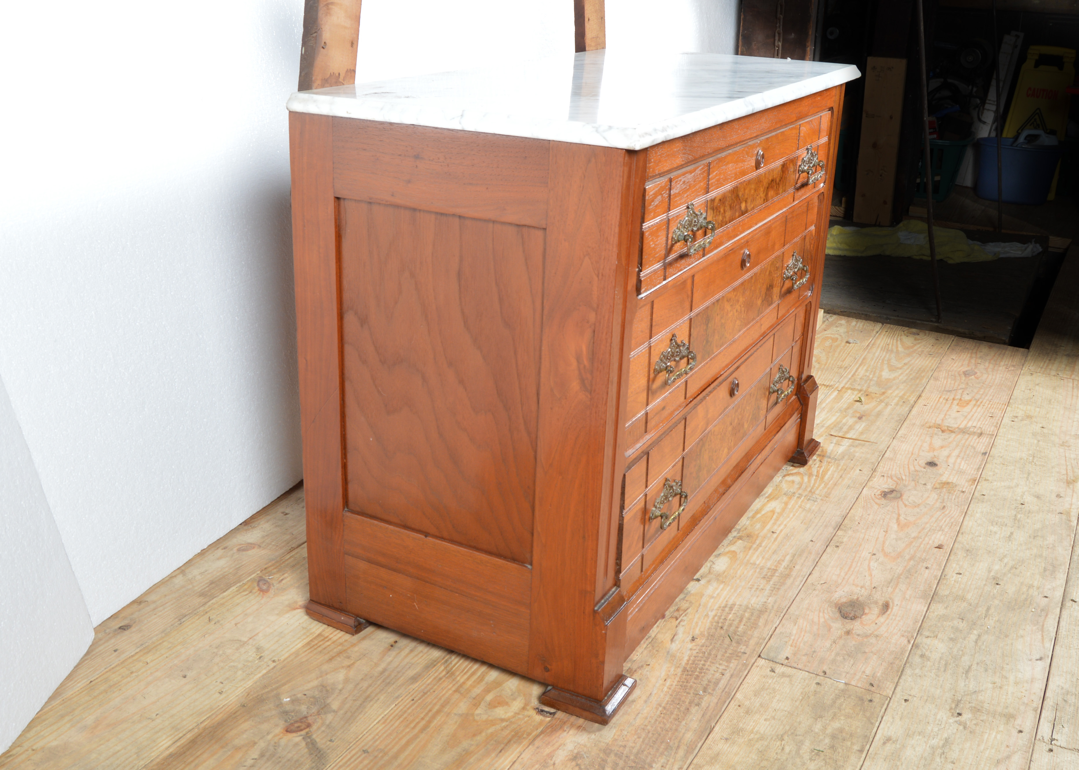 Antique Burled Walnut Dresser with White Marble Top