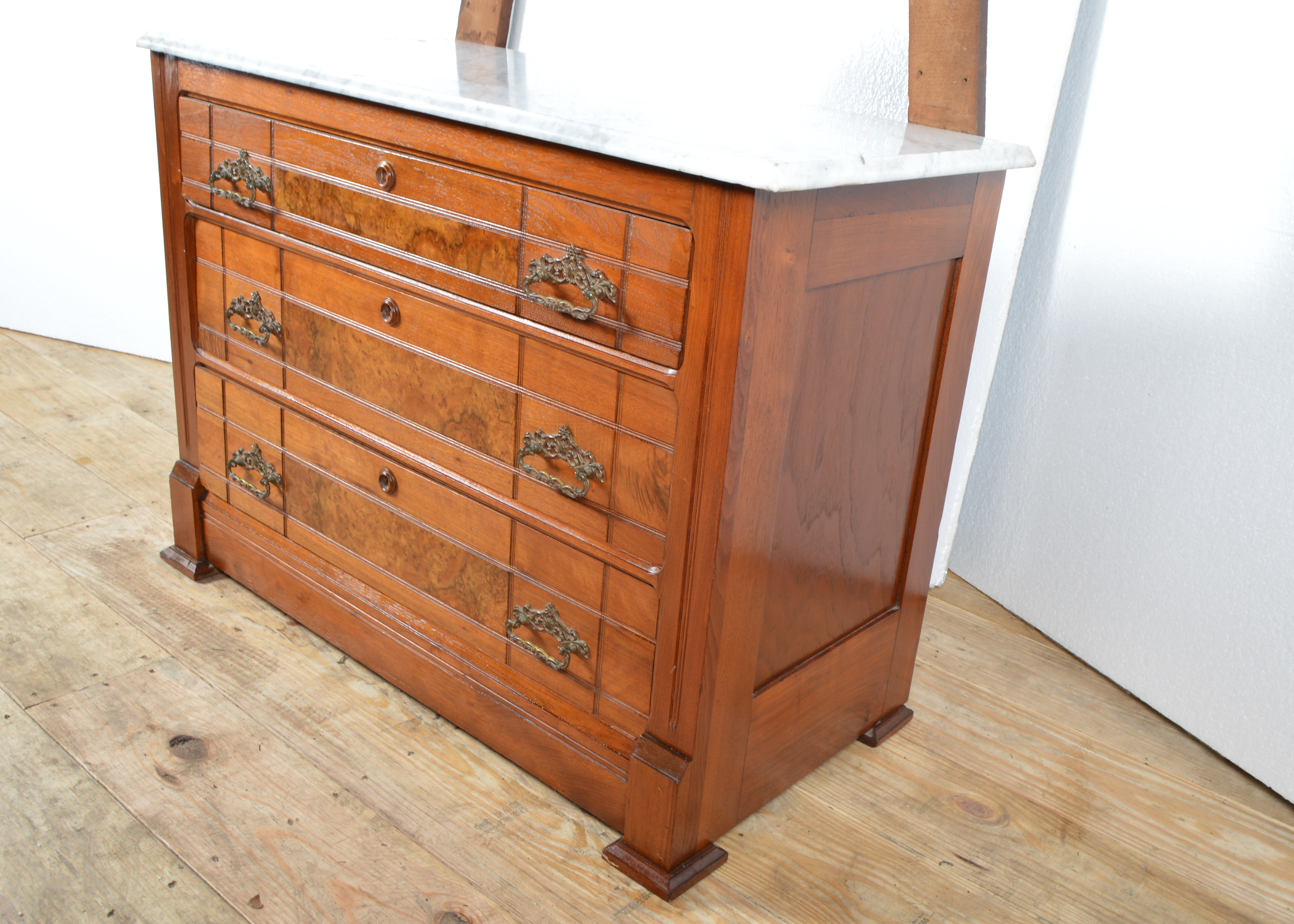 Antique Burled Walnut Dresser with White Marble Top