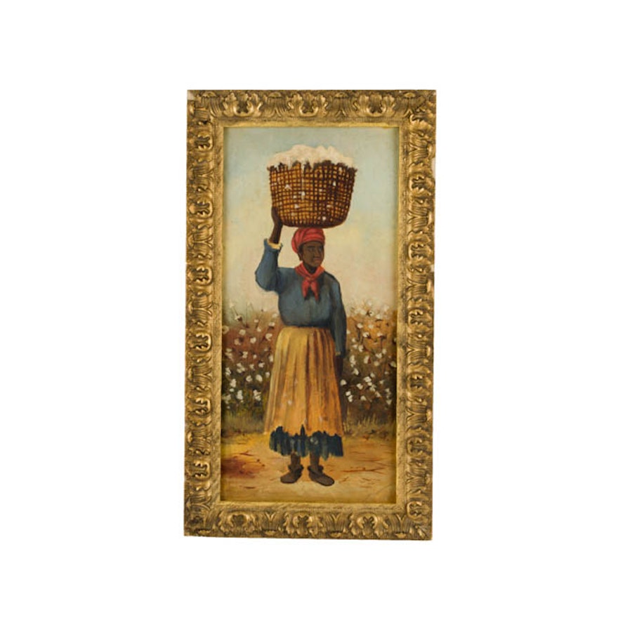 Antique Cotton Field Worker Oil Painting