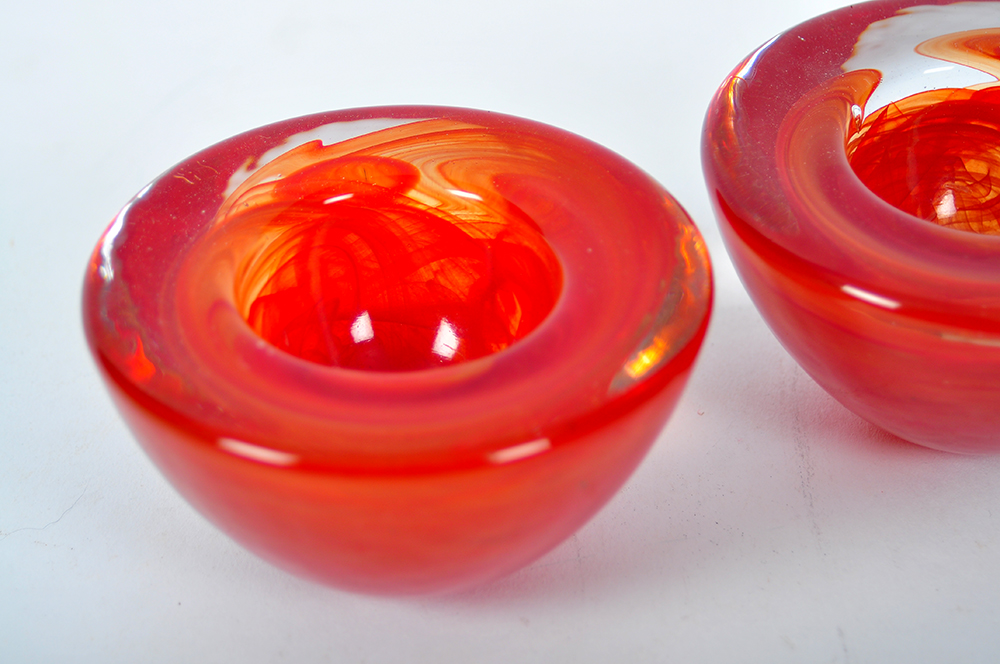 Set of Kosta Boda Orange Swirl Votive Bowls