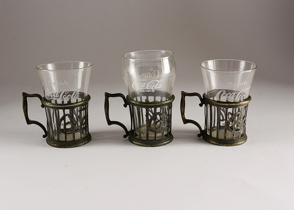 Vintage Coca-Cola Soda Fountain Syrup Glasses with Metal Cup Holders