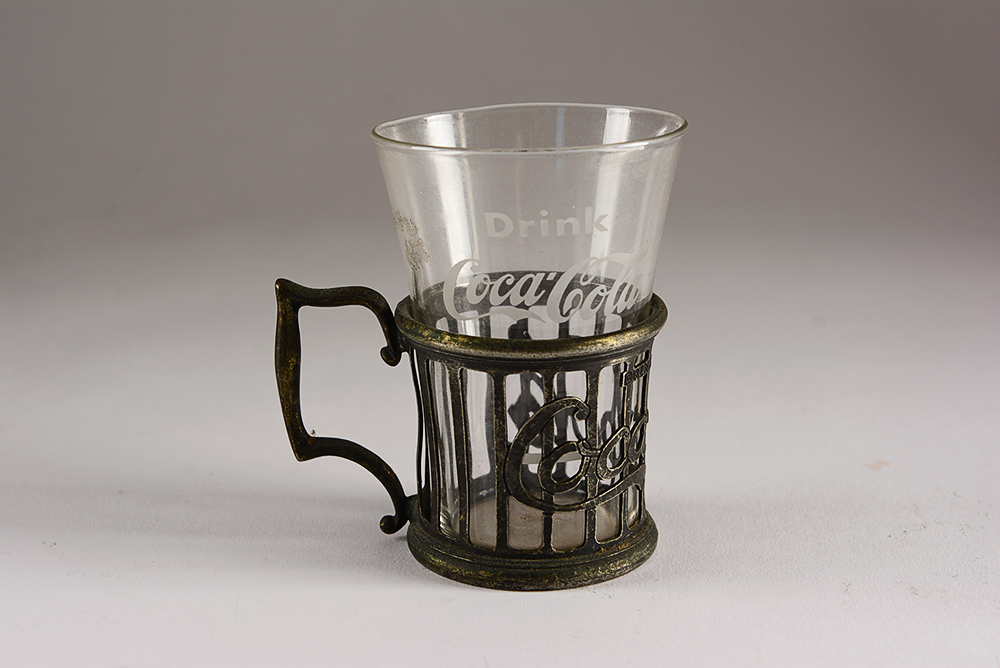 Vintage Coca-Cola Soda Fountain Syrup Glasses with Metal Cup Holders