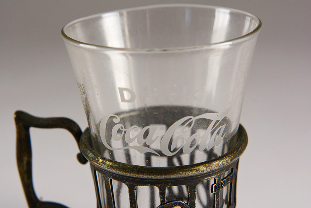 Vintage Coca-Cola Soda Fountain Syrup Glasses with Metal Cup Holders