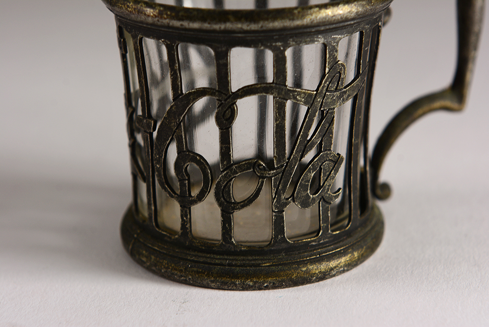 Vintage Coca-Cola Soda Fountain Syrup Glasses with Metal Cup Holders